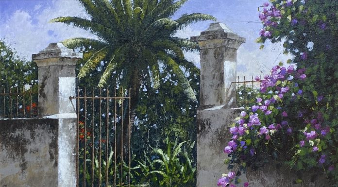 George Hallmark The Sentinel peacock bird gate flower stairs architecture architectural oil painting