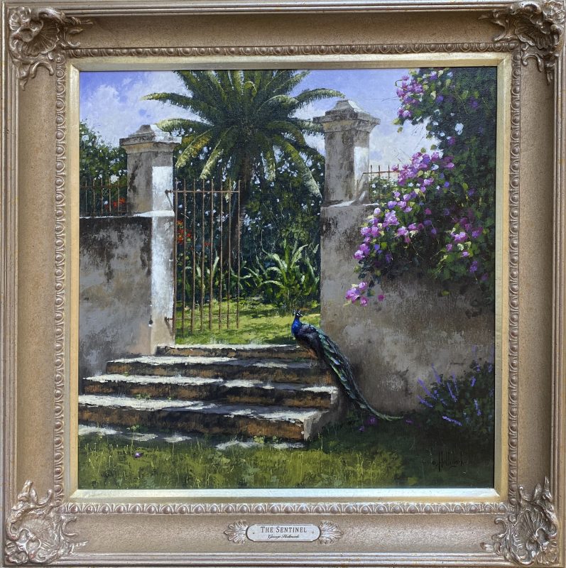 George Hallmark The Sentinel peacock bird gate flower stairs architecture architectural oil painting framed