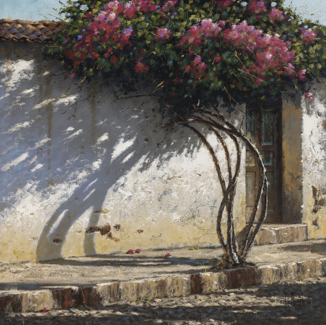 George Hallmark Time Passage bougainvillea plant flower flowering stucco Mexico Santa Fe architecture oil painting