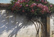 George Hallmark Time Passage bougainvillea plant flower flowering stucco Mexico Santa Fe architecture oil painting