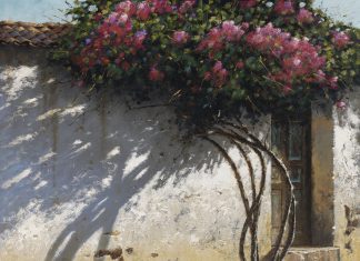 George Hallmark Time Passage bougainvillea plant flower flowering stucco Mexico Santa Fe architecture oil painting