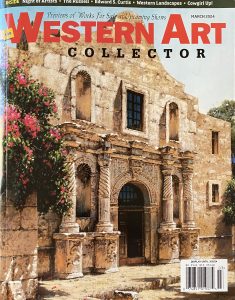 George Hallmark The Heart of Texas The Alamo circa 1920 Western Art Collector magazine cover March 2024 architecture architectural fort western oil painting
