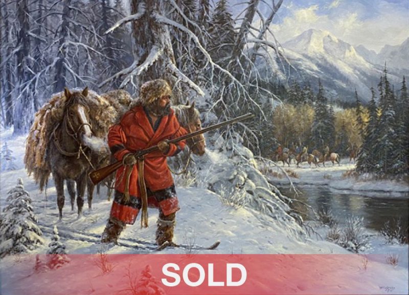 Gerry Metz Avoidin The Blackfeet trapper mountain man cowboy snow Native American Indians horses snow western landscape oil painting sold