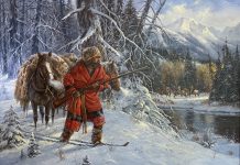 Gerry Metz Avoidin The Blackfeet trapper mountain man cowboy snow Native American Indians horses snow western landscape oil painting