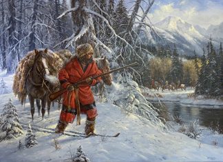 Gerry Metz Avoidin The Blackfeet trapper mountain man cowboy snow Native American Indians horses snow western landscape oil painting