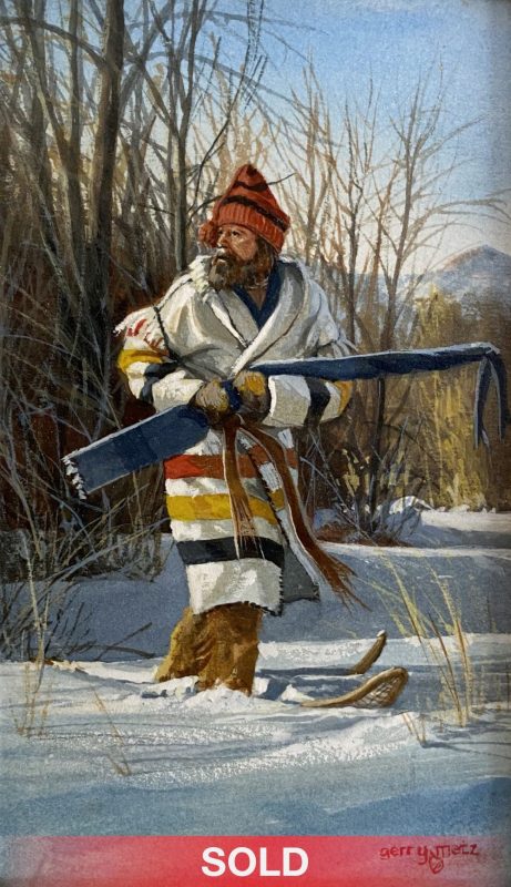 Gerry Metz Break In The Silence trapper mountain man Pendleton coat jacket snow ski rifle hunter western oil painting