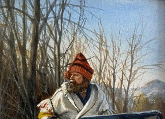 Gerry Metz Break In The Silence trapper mountain man Pendleton coat jacket snow ski rifle hunter western oil painting