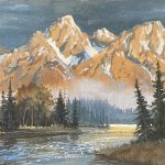 Gerry Metz First Light on the Snake Grand Teton National Park Jackson Hole Wyoming fly fisherman gouache watercolor painting