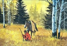 Gerry Metz On The Trail mountain man hunter trapper wilderness forest horse western mixed media painting