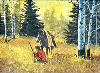 Gerry Metz On The Trail mountain man hunter trapper wilderness forest horse western mixed media painting