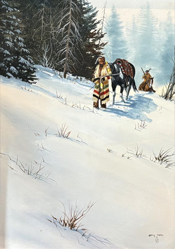 Gerry Metz Snow Hunt mountain man hunter trapper wilderness forest horse western mixed media painting