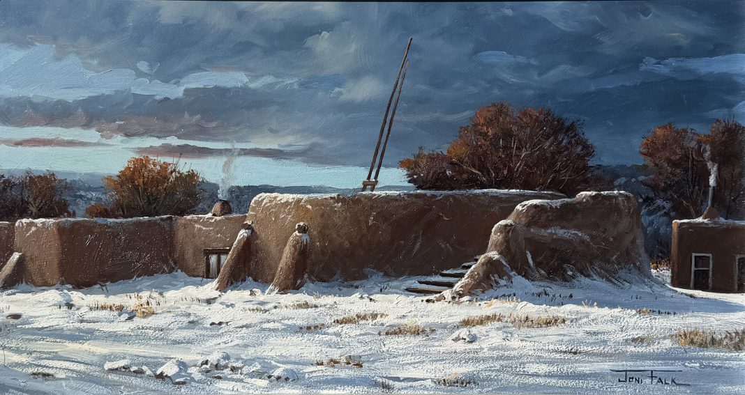 Joni Falk Kiva Serenity Taos Pueblo adobe village architecture architectural western oil painting snow Santa Fe Taos New Mexico