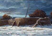 Joni Falk Kiva Serenity Taos Pueblo adobe village architecture architectural western oil painting snow Santa Fe Taos New Mexico
