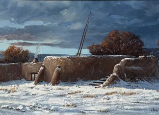 Joni Falk Kiva Serenity Taos Pueblo adobe village architecture architectural western oil painting snow Santa Fe Taos New Mexico