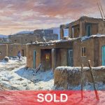 Joni Falk Amber Skies Over Taos Native American Indian encampment pueblo architecture adobe western oil painting sold