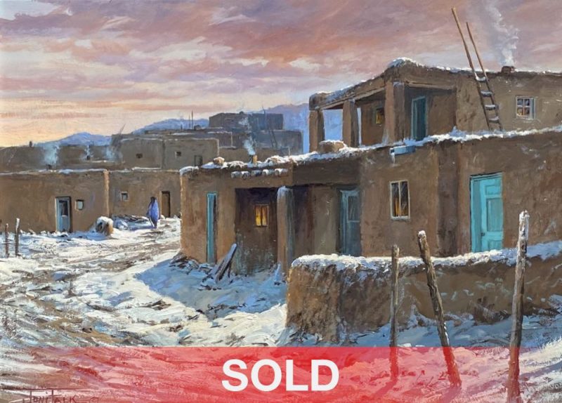 Joni Falk Amber Skies Over Taos Native American Indian encampment pueblo architecture adobe western oil painting sold