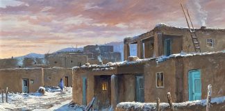 Joni Falk Amber Skies Over Taos Native American Indian encampment pueblo architecture adobe western oil painting