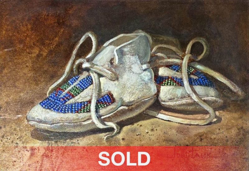 Joni Falk Beaded Moccasins Native American Indian stillife oil painting western sold