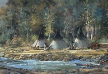 Joni Falk Indian Summer Native American encampment tee pee tipi stream river water brook western oil painting