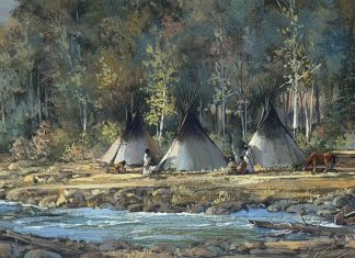 Joni Falk Indian Summer Native American encampment tee pee tipi stream river water brook western oil painting