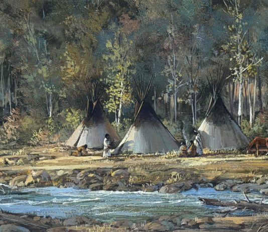 Joni Falk Indian Summer Native American encampment tee pee tipi stream river water brook western oil painting