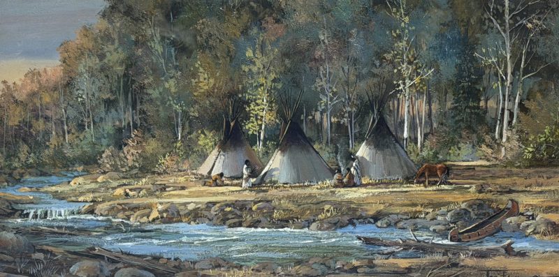 Joni Falk Indian Summer Native American encampment tee pee tipi stream river water brook western oil painting