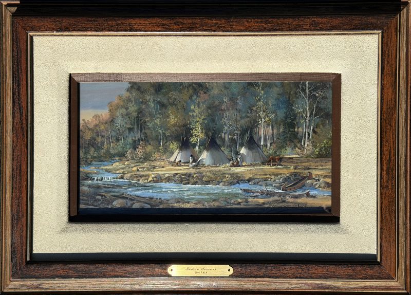 Joni Falk Indian Summer Native American encampment tee pee tipi stream river water brook western oil painting framed