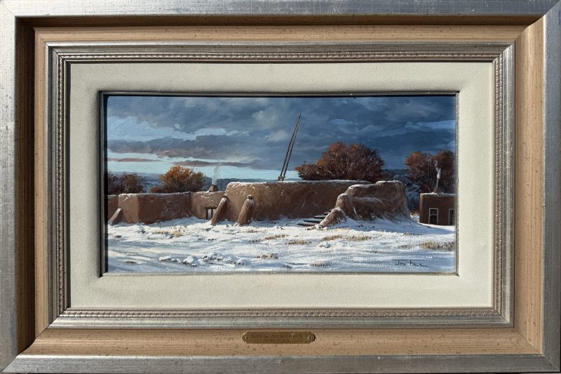 Joni Falk Kiva Serenity Taos Pueblo adobe village architecture architectural western oil painting snow Santa Fe Taos New Mexico framed