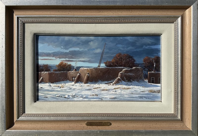 Joni Falk Kiva Serenity Taos Pueblo adobe village architecture architectural western oil painting snow Santa Fe Taos New Mexico framed