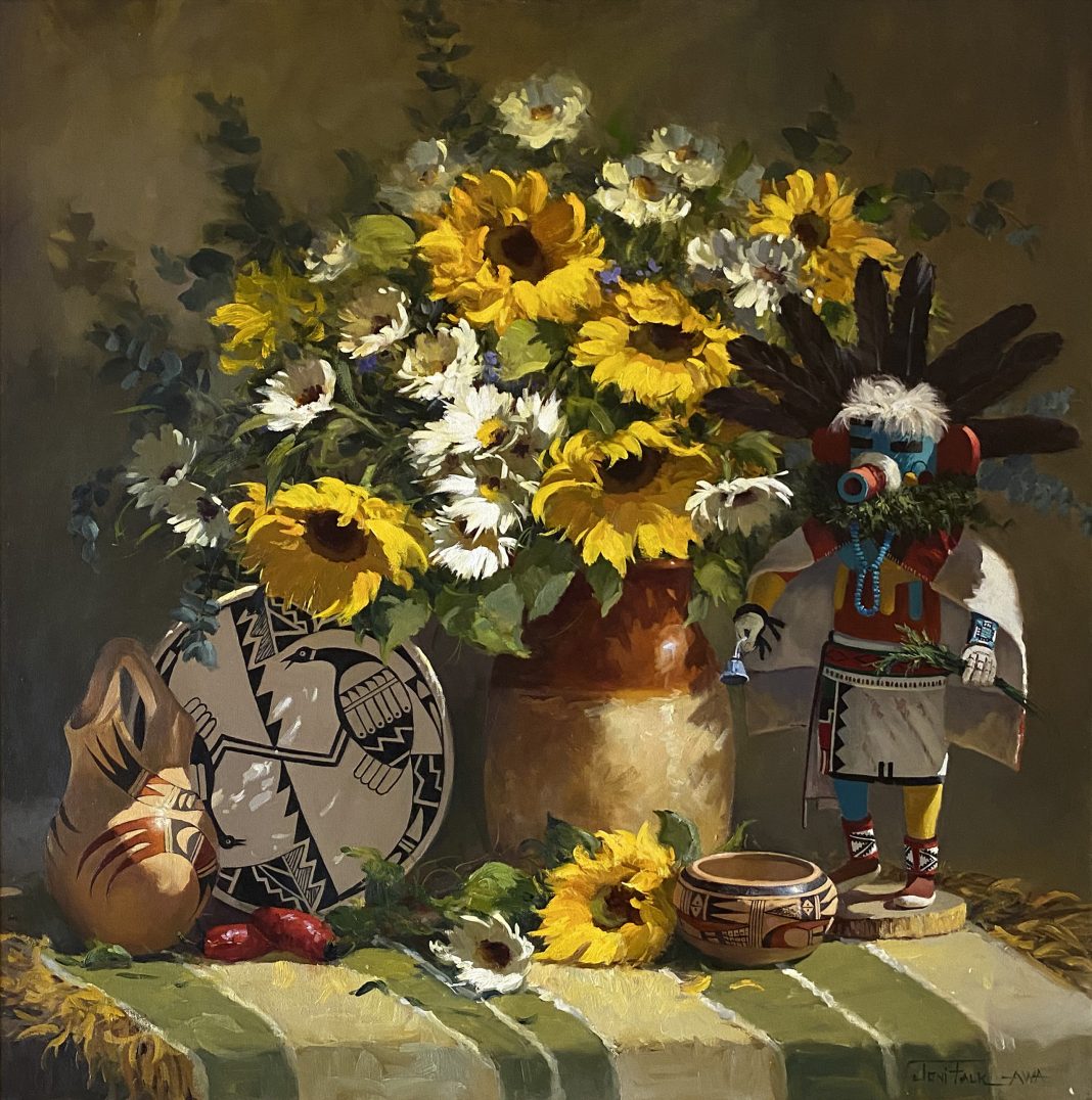 Joni Falk Native American Colors Indian pottery kachina sunflowers daisy still life oil painting western