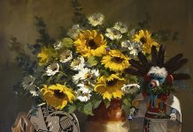 Joni Falk Native American Colors Indian pottery kachina sunflowers daisy still life oil painting western