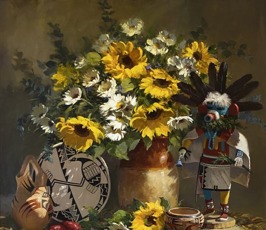 Joni Falk Native American Colors Indian pottery kachina sunflowers daisy still life oil painting western