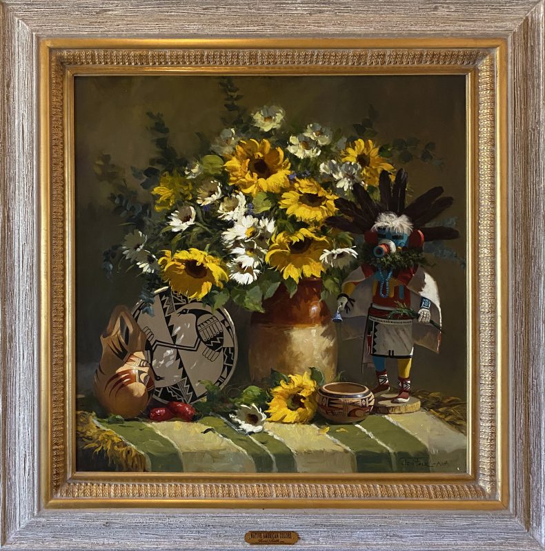 Joni Falk Native American Colors Indian pottery kachina sunflowers daisy still life oil painting western framed