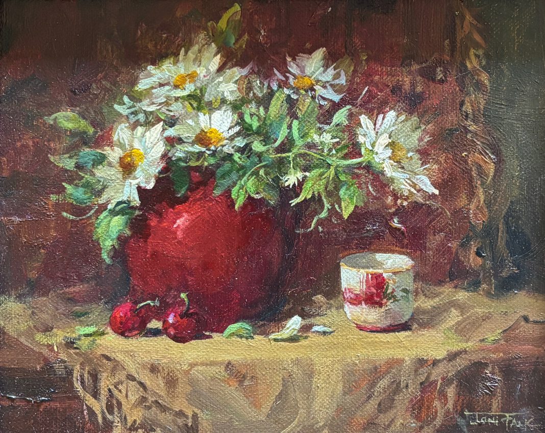 Red Vase Joni Falk stillife still life oil painting flowers floral fruit