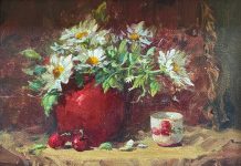 Red Vase Joni Falk stillife still life oil painting flowers floral fruit