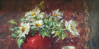 Red Vase Joni Falk stillife still life oil painting flowers floral fruit