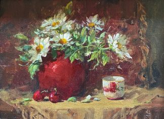 Red Vase Joni Falk stillife still life oil painting flowers floral fruit