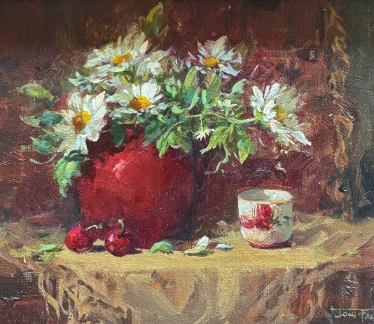 Red Vase Joni Falk stillife still life oil painting flowers floral fruit