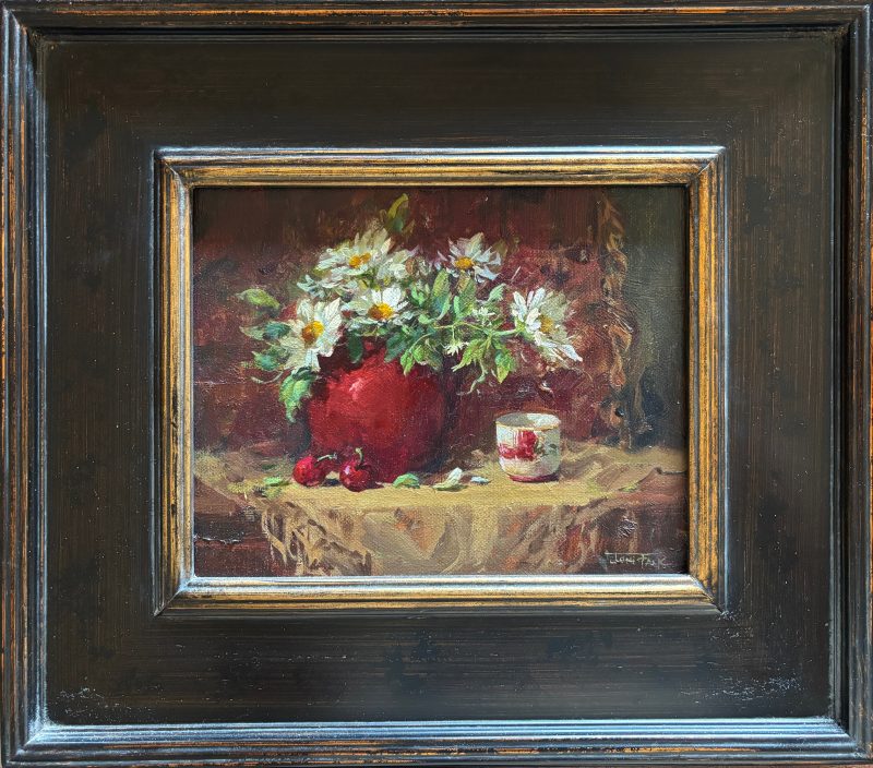 Red Vase Joni Falk stillife still life oil painting flowers floral fruit framed