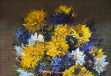 Joni Falk Shaded Of blue and Gold stillife still life oil painting floral