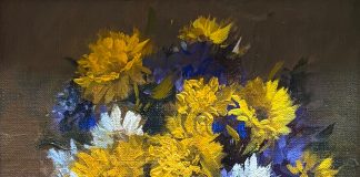 Joni Falk Shaded Of blue and Gold stillife still life oil painting floral