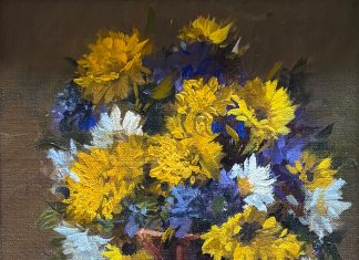 Joni Falk Shaded Of blue and Gold stillife still life oil painting floral
