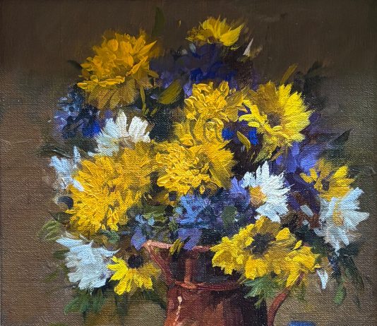 Joni Falk Shaded Of blue and Gold stillife still life oil painting floral