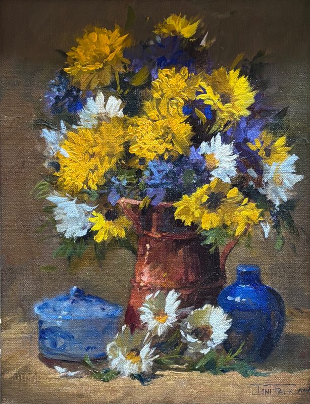 Joni Falk Shaded Of blue and Gold stillife still life oil painting floral