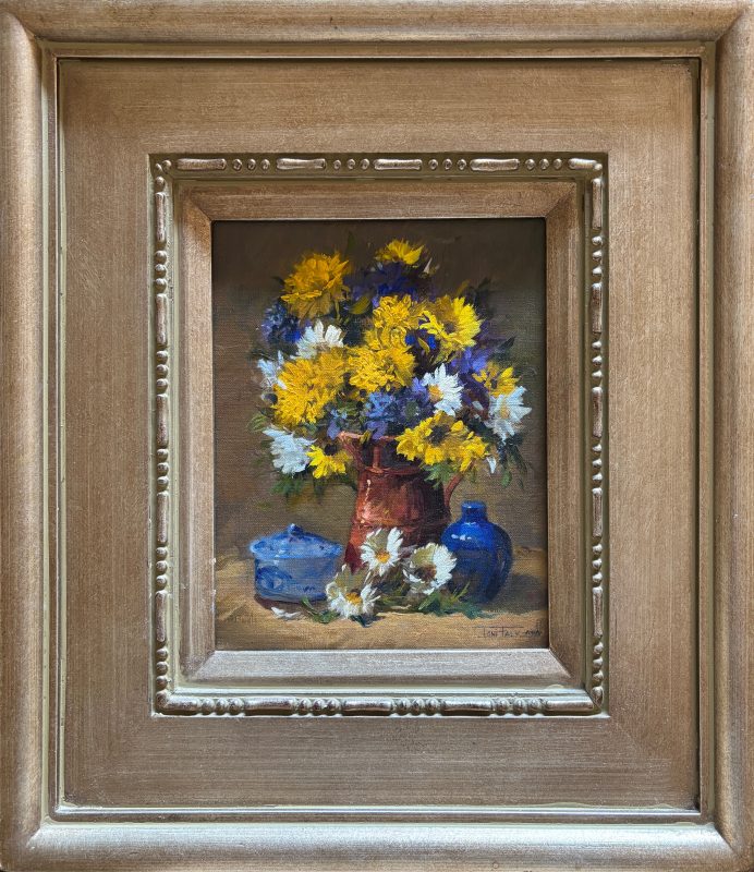 Joni Falk Shaded Of blue and Gold stillife still life oil painting floral framed