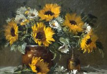 Joni Falk Sunflower stillife still life flowers floral copper pot oil painting