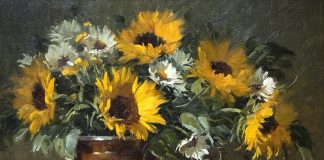 Joni Falk Sunflower stillife still life flowers floral copper pot oil painting
