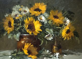 Joni Falk Sunflower stillife still life flowers floral copper pot oil painting