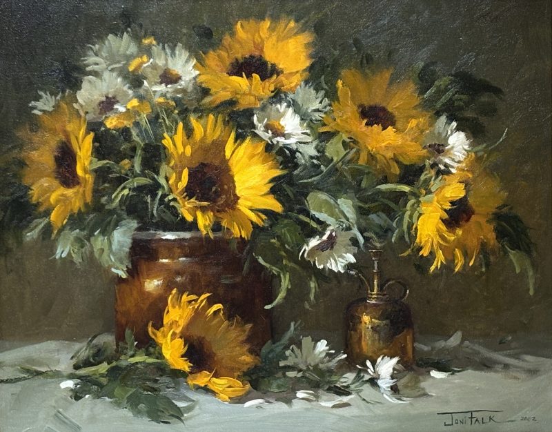 Joni Falk Sunflower stillife still life flowers floral copper pot oil painting