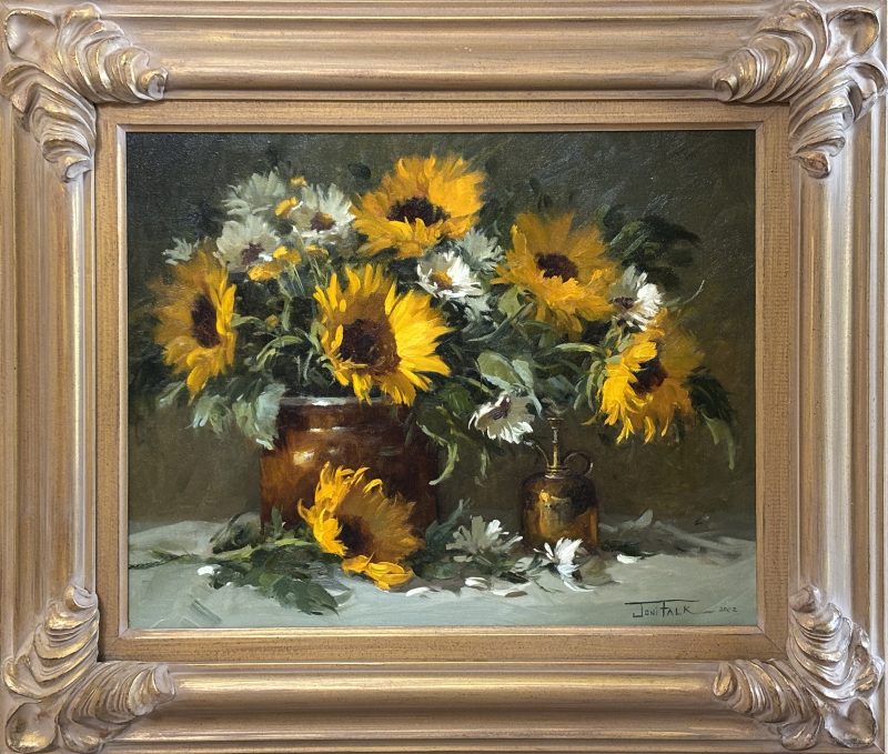 Joni Falk Sunflower stillife still life flowers floral copper pot oil painting